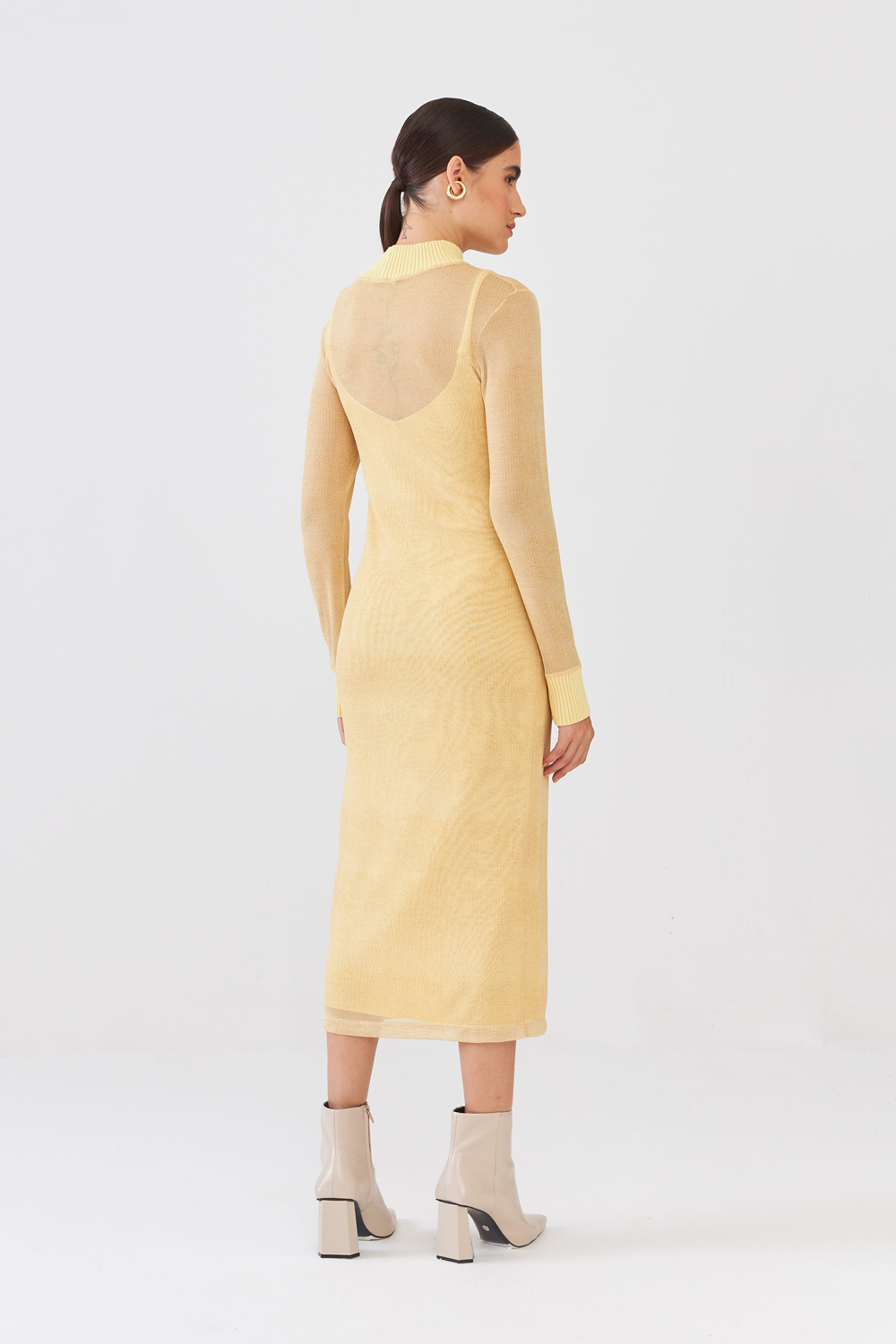 Vestido Em Tule Estampado Detalhe Tricot Knit Amarelo Suave