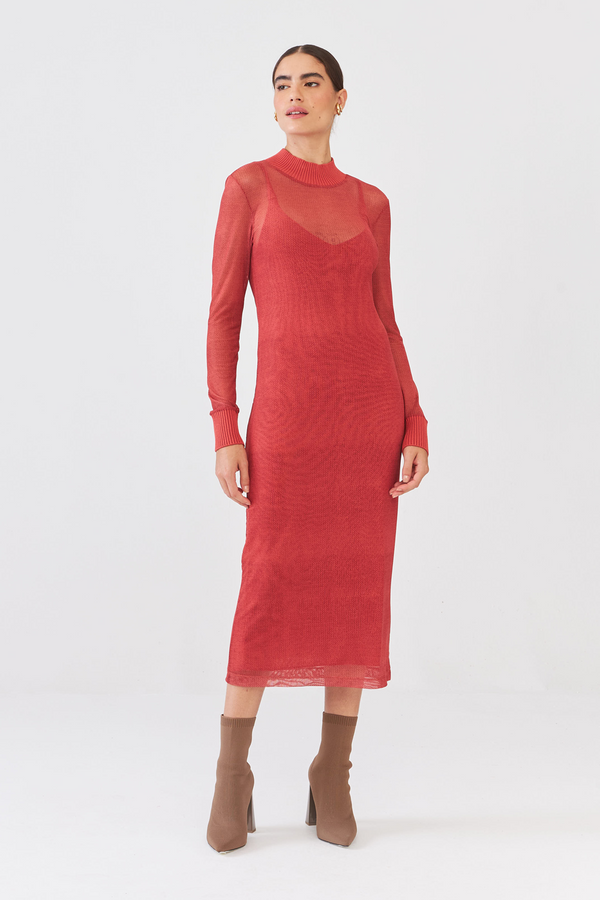 Vestido Em Tule Estampado Detalhe Tricot Knit