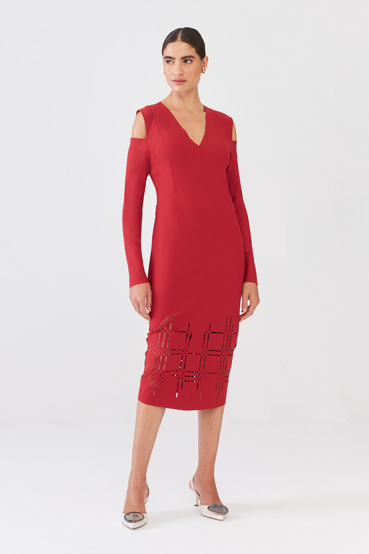 Vestido Midi Decote V Em Bock Laser Mineral Red