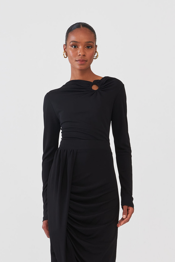 Blusa Manga Longa Detalhe Drapeado Em Malha Preto