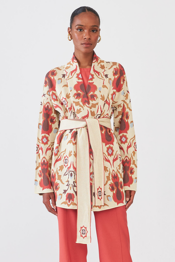 Casaco Em Tricot Jacquard Com Cinto Tear Amarelo