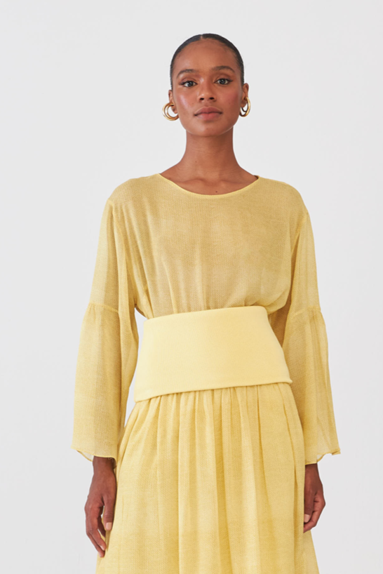 Blusa Estampada Manga Com Babado Transparência Knit Amarelo