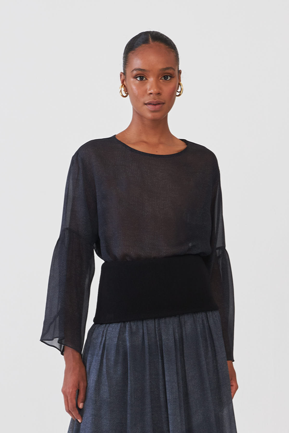 Blusa Estampada Manga Com Babado Transparência Knit