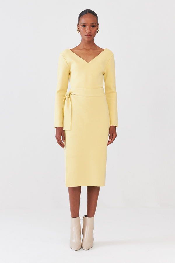 Saia Midi Detalhe Amarração Amarelo Suave