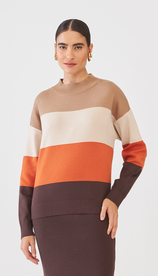 Blusa Em Tricot Com Listras Largas Listrado Café