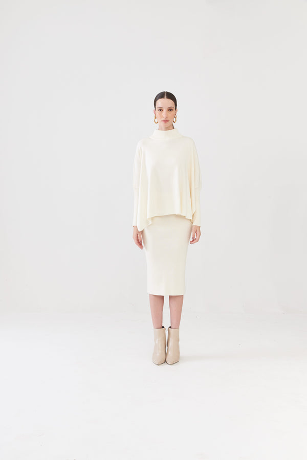 Saia Midi Reta Em Tricot Canelado Off White