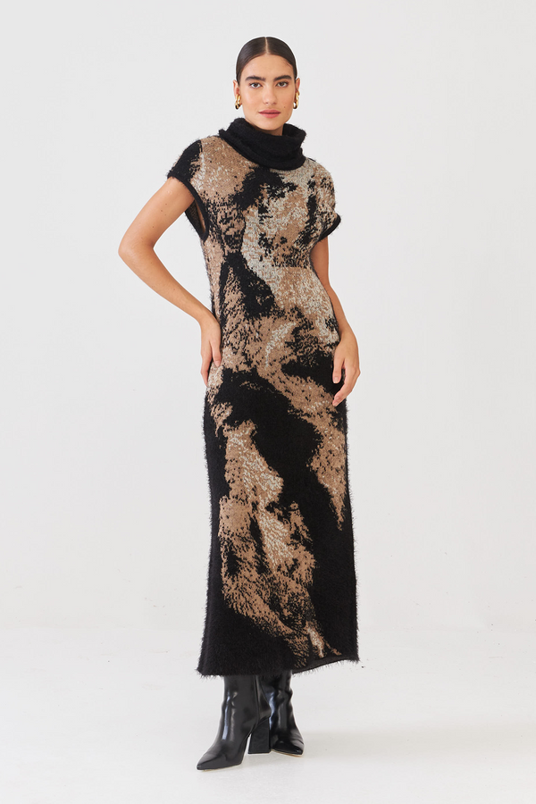 Vestido Longuete Gola Alta Jacquard Felpudo Em Tricot Abstrato Preto
