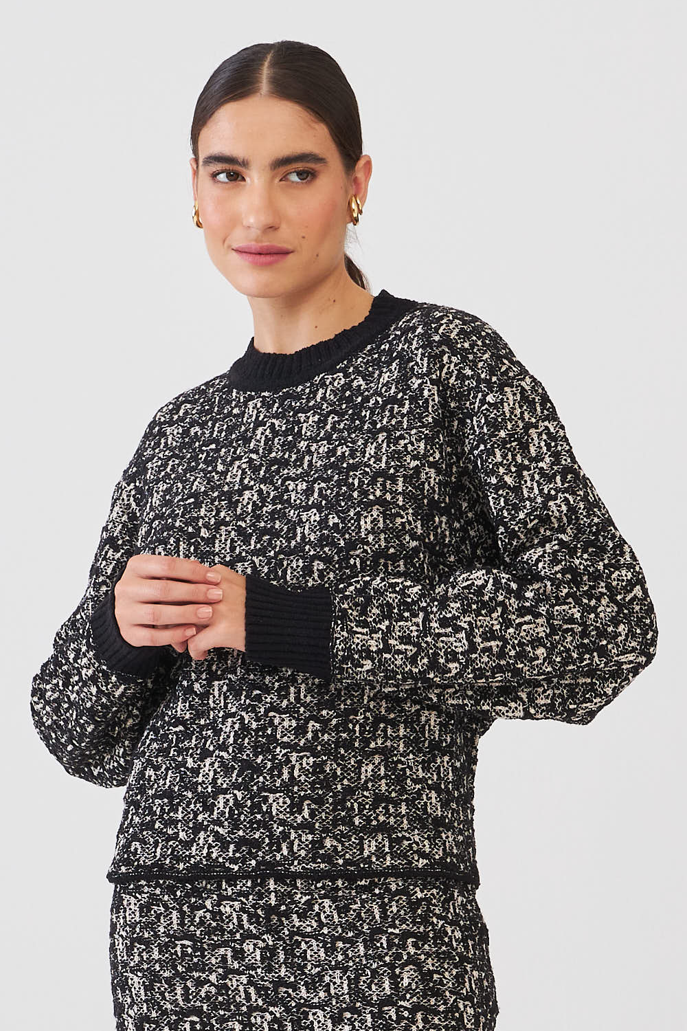 Blusa Manga Longa Em Tricot Tweed Tweed Preto