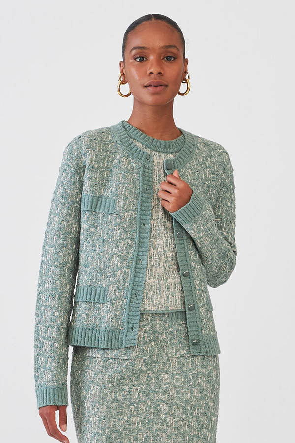 Casaqueto Em Tricot Tweed Tweed Coral Azul