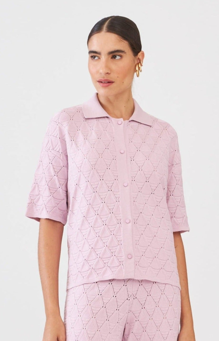 Camisa Manga Curta Rendada Em Tricot Rosa Lilac