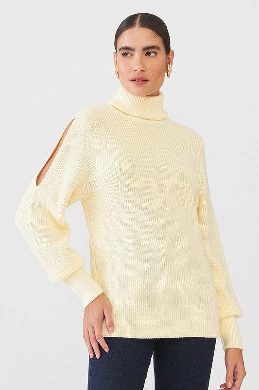 Blusa Gola Alta E Vazado Na Manga Em Tricot Amarelo Pó