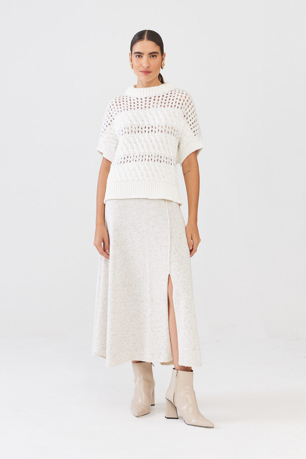 Saia Midi Com Fendas Em Tricot Perola