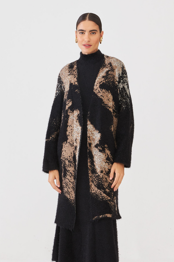 Maxi Casaco Jacquard Felpudo Em Tricot Abstrato Preto