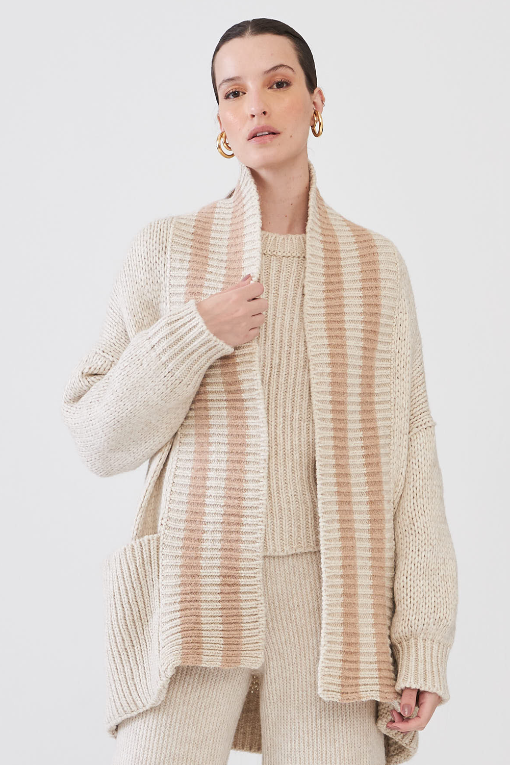 Cardigan Em Tricot Com Listras Papiro/Champagne