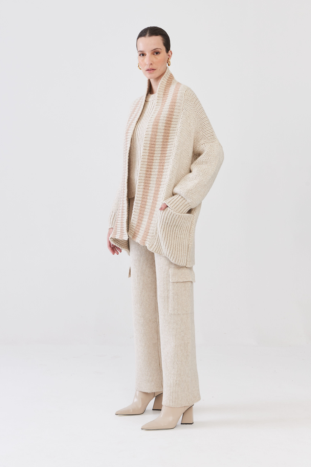 Cardigan Em Tricot Com Listras Papiro/Champagne