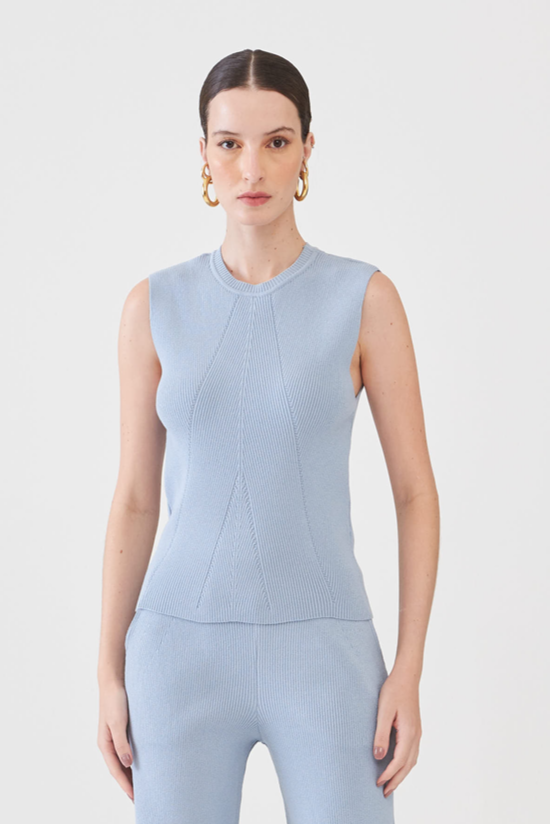 Blusa Sem Mangas Em Tricot Canelado Azul Pó
