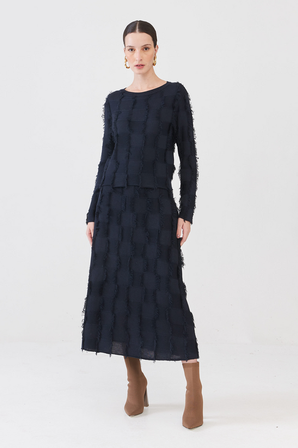 Saia Midi Em Tricot Detalhe Franjas