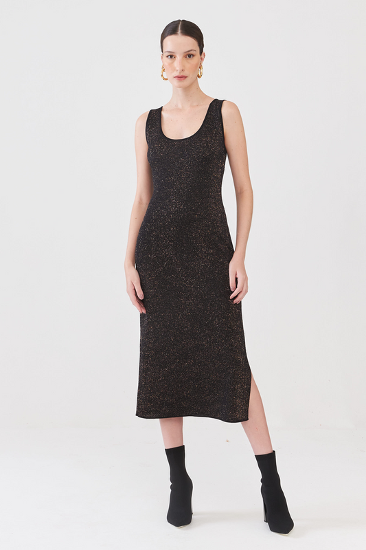 Vestido Em Midi Decote V Em Tricot Lurex