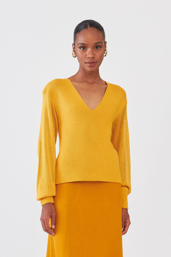 Blusa Decote V Em Tricot Manga Bufante