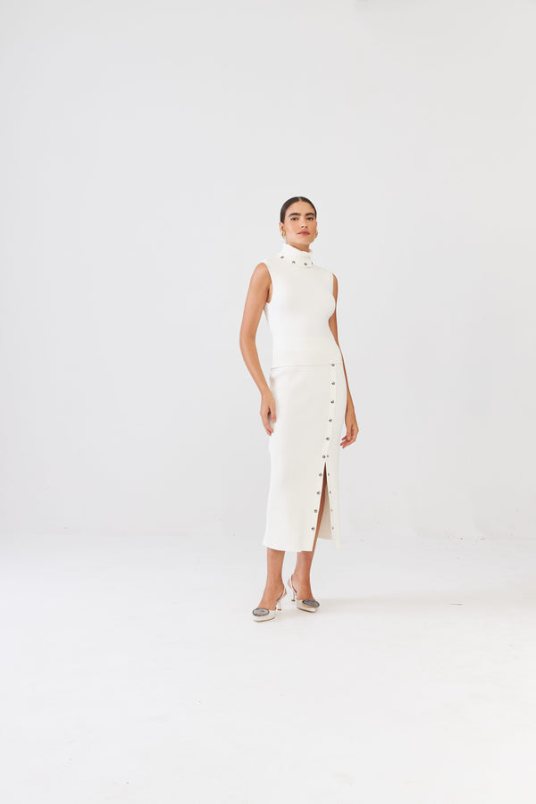 Saia Midi Com Botões Em Tricot Canelado Off White