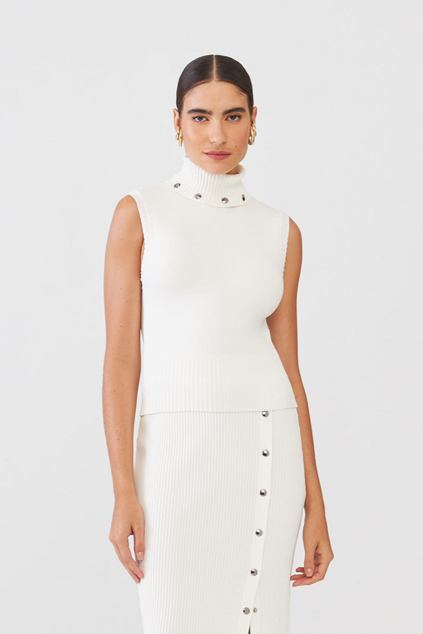Top Em Tricot Gola Alta Com Botões Off White
