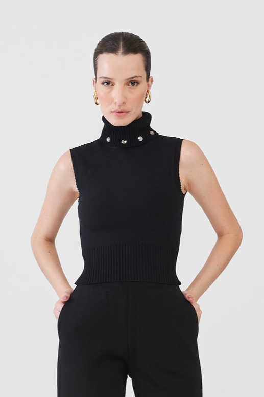 Top Em Tricot Gola Alta Com Botões Preto