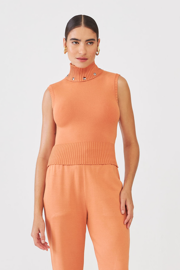 Top Em Tricot Gola Alta Com Botões Cobre
