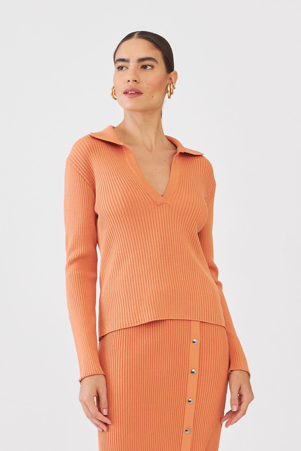 Blusa Polo Manga Longa Em Tricot Cobre