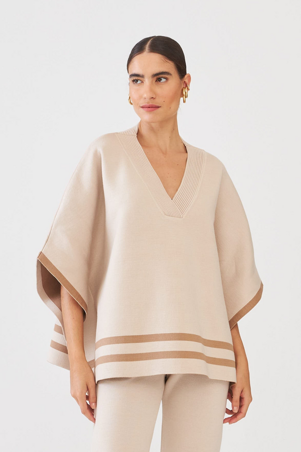 Poncho Barra Listras Bicolor Em Tricot Ninive/Camelo