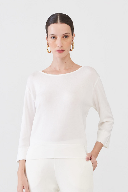 Blusa Decote Canoa Em Tricot Com Barrado