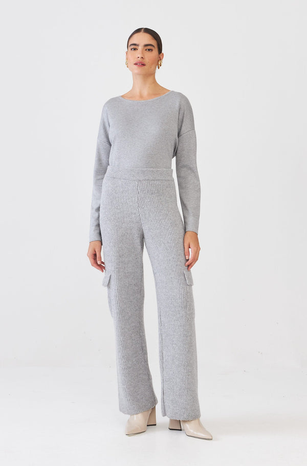 Calça Cargo Ampla Em Tricot Chumbo