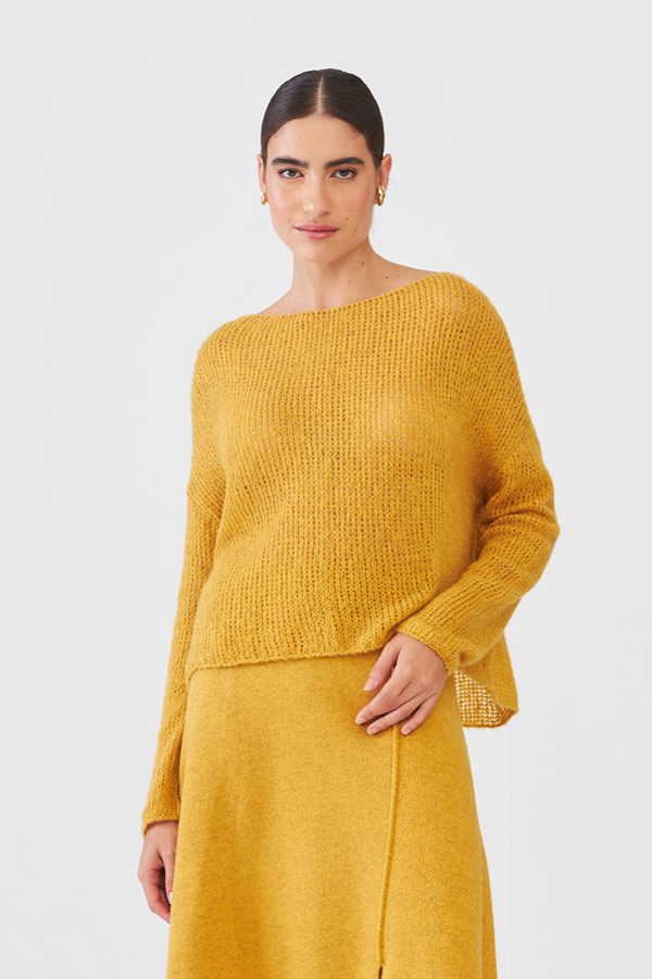 Blusa Decote Canoa Em Tricot Desagulhado