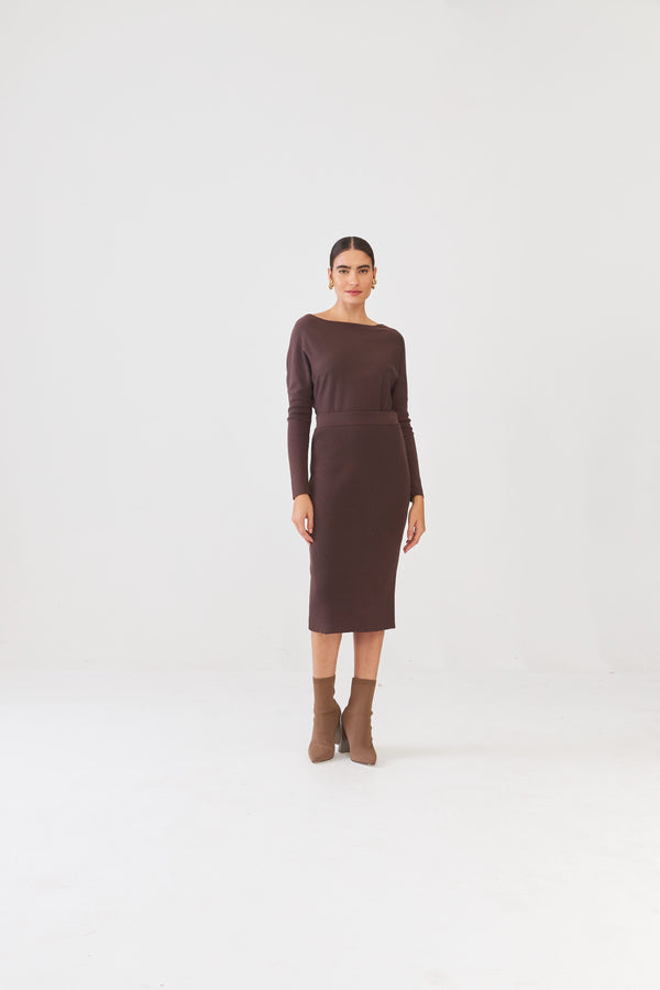 Saia Midi Reta Em Tricot Canelado Cafe