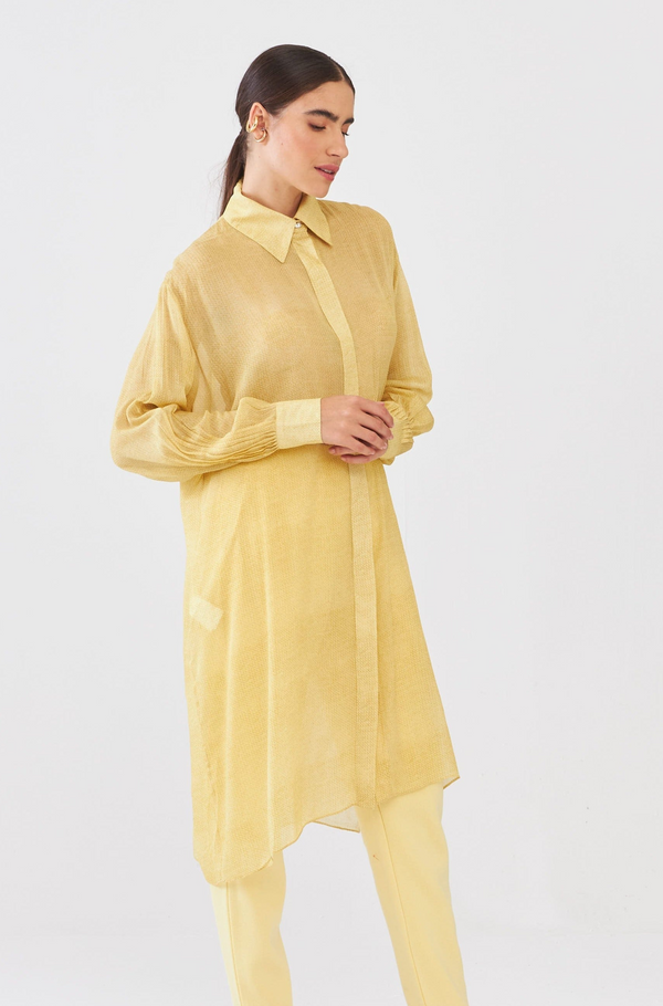 Chemisie Manga Longa Detalhe Pregas Knit Amarelo