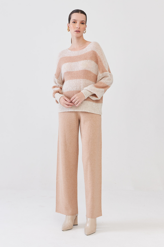 Calça Em Tricot Com Cós Canelado Bege Champagne