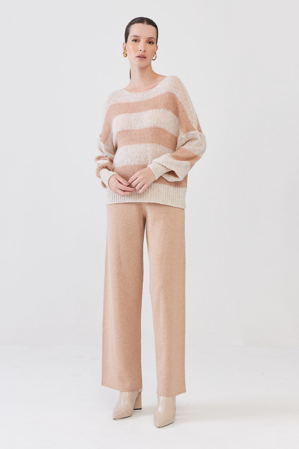 Calça Em Tricot Com Cós Canelado Bege Champagne