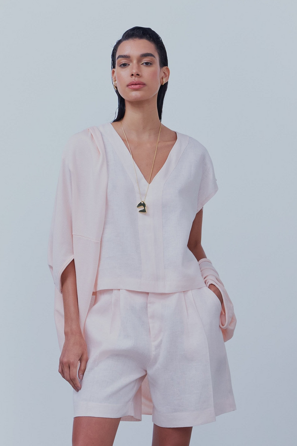Blusa Quadrada Decote V Em Tecido Rosa Nude