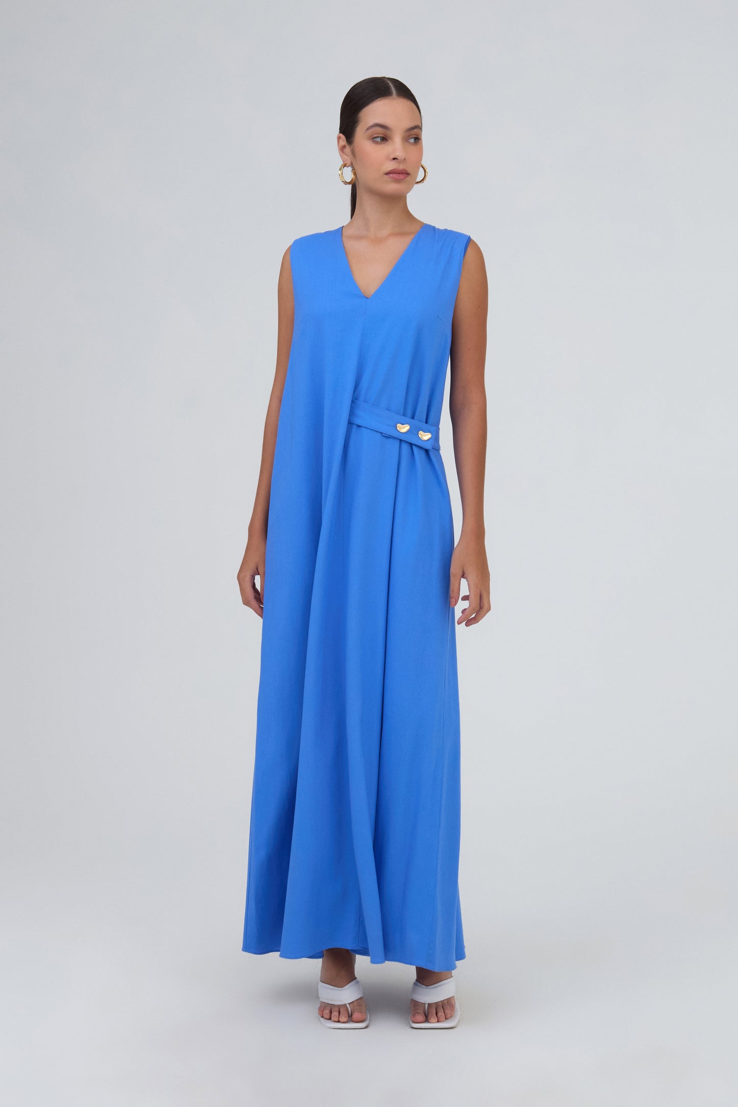 Vestido Maxi Midi Sem Mangas Com Faixa Em Tecido Azul Royal