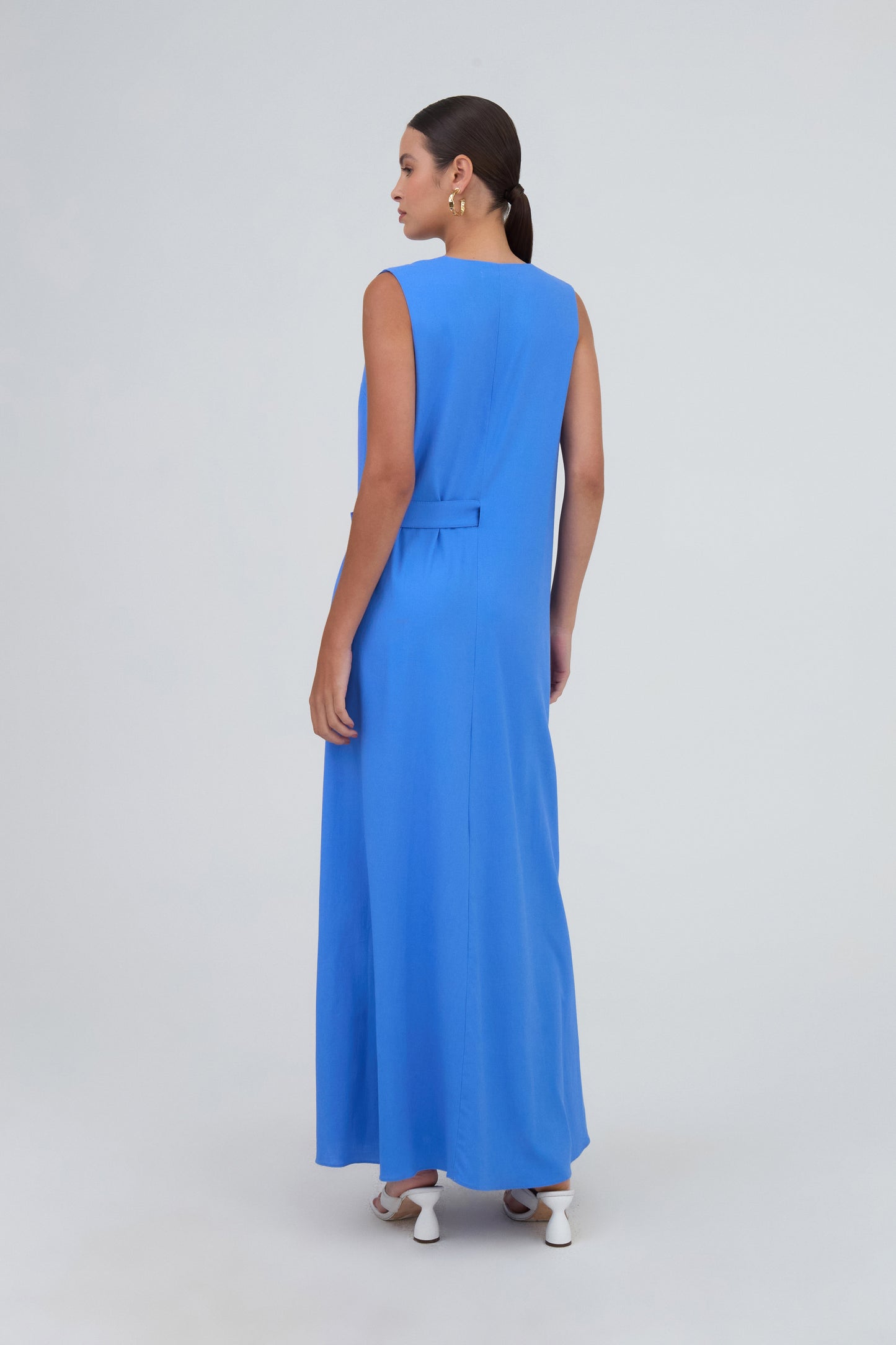 Vestido Maxi Midi Sem Mangas Com Faixa Em Tecido Azul Royal