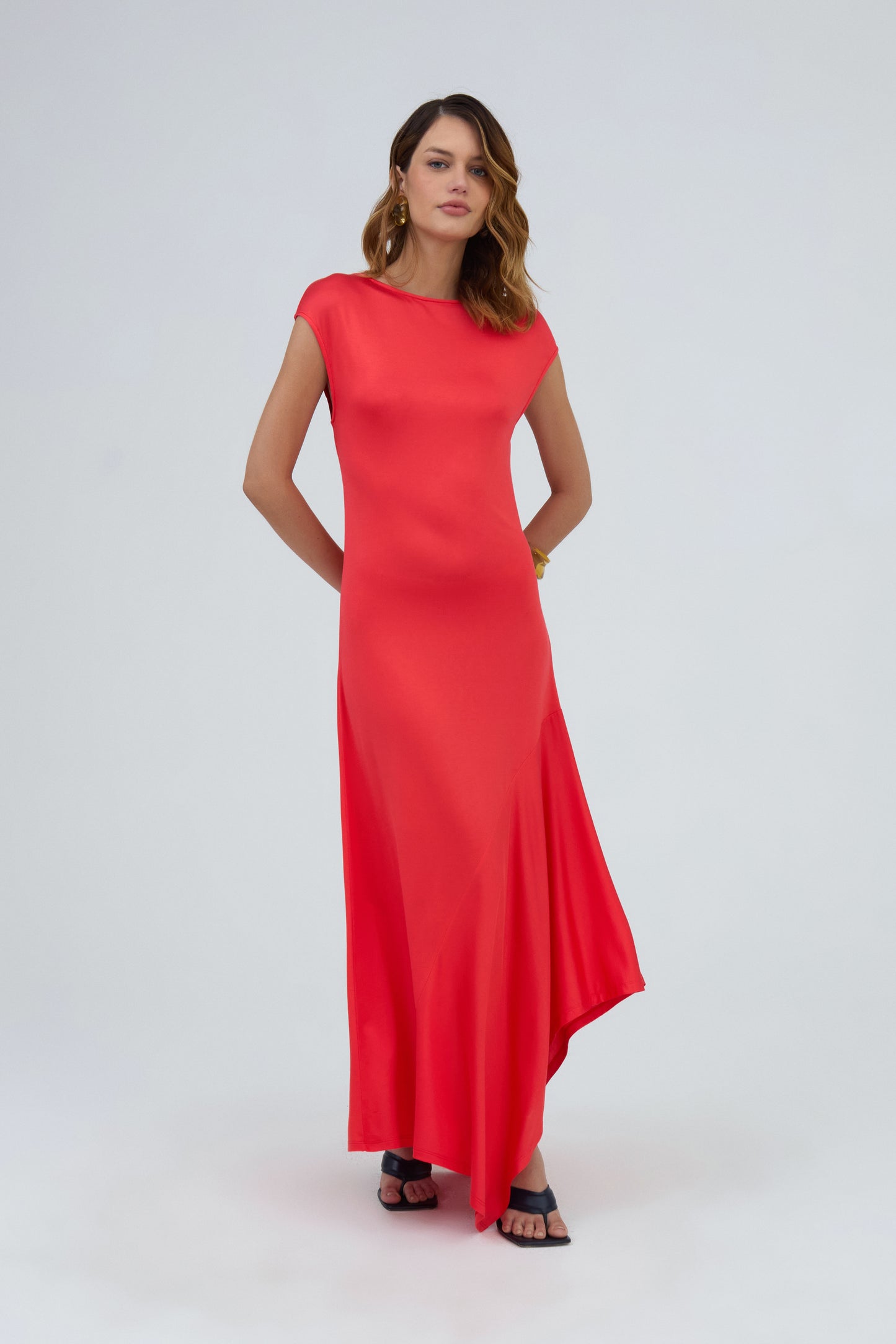 Vestido Midi Degagê Em Malha Vermelho Carmim