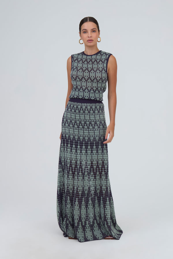 Saia Maxi Midi  Evasê Bicolor Em Tricot Beringela