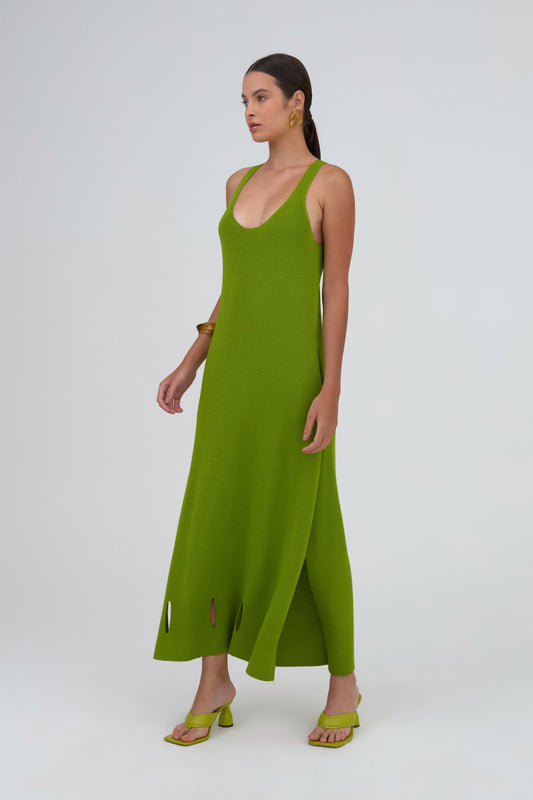 Vestido Regata Maxi Midi Com Bolsos Em Tricot Maçã Verde