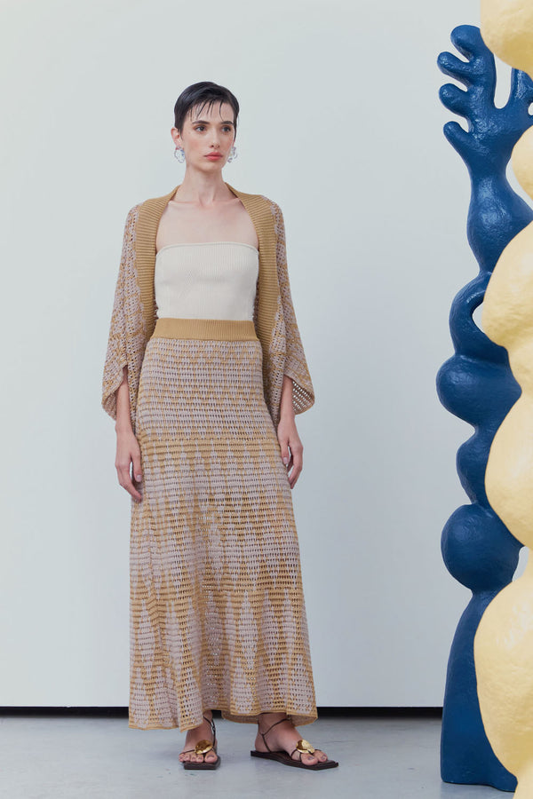 Saia Maxi Midi  Evasê Bicolor Em Tricot Areia