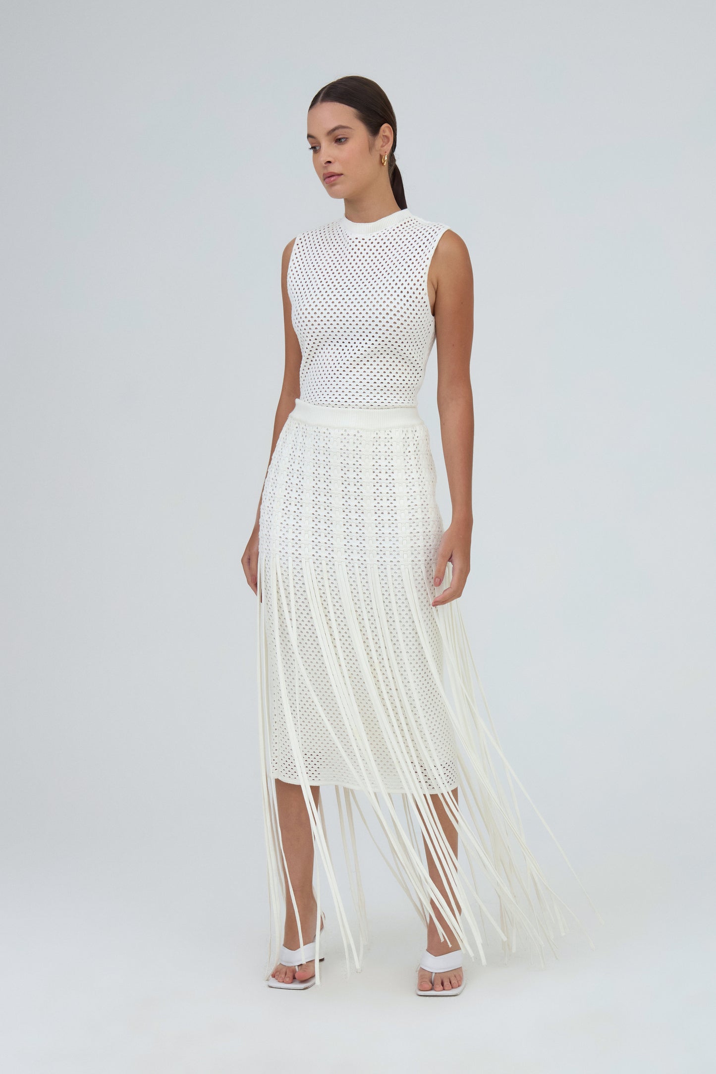 Saia Midi Detalhe Tramado Em Tricot Off White