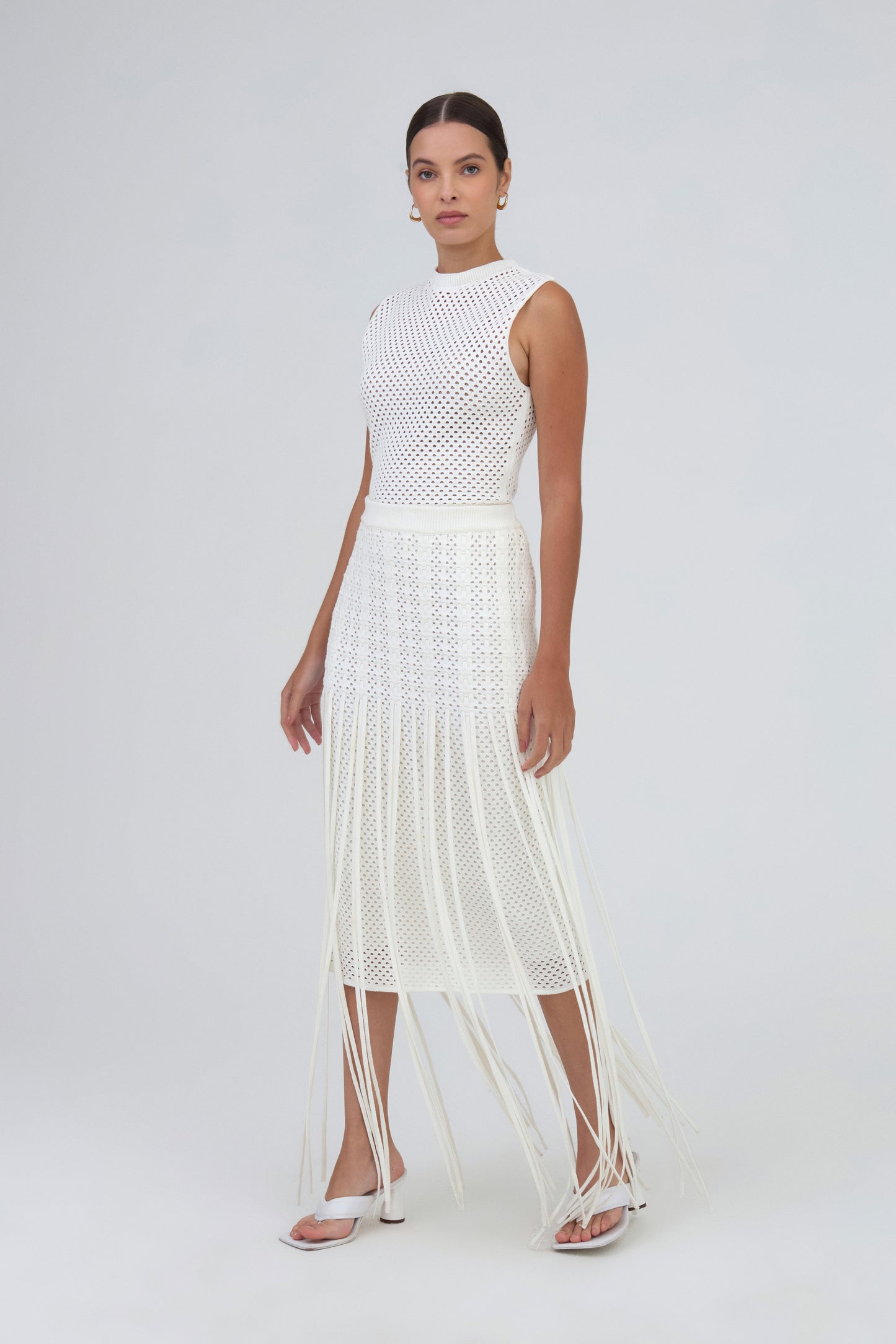 Saia Midi Detalhe Tramado Em Tricot Off White