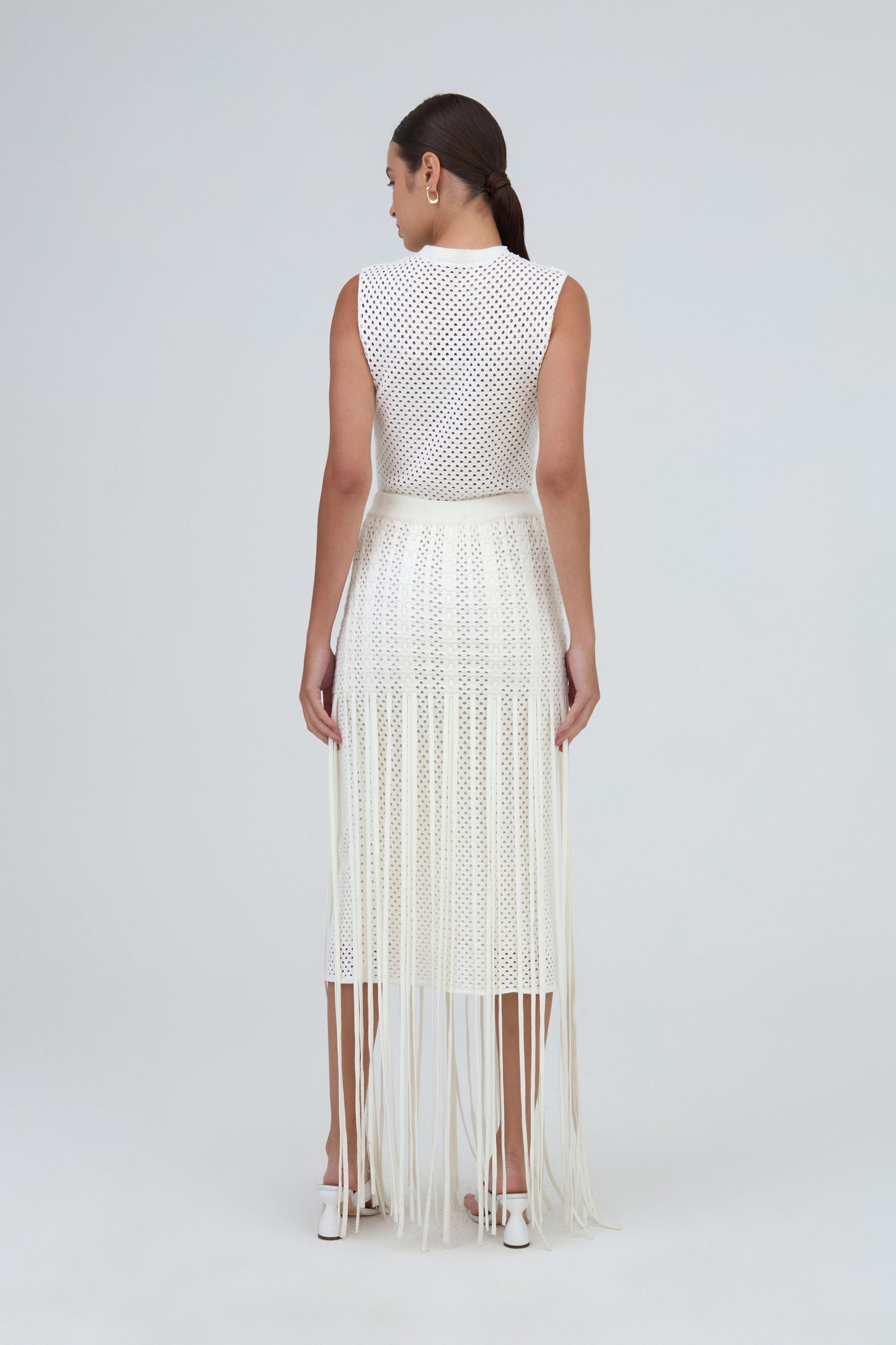 Saia Midi Detalhe Tramado Em Tricot Off White