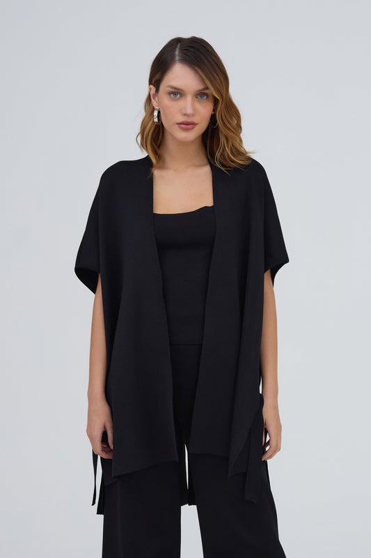 Kimono Franjas Em Tricot Preto