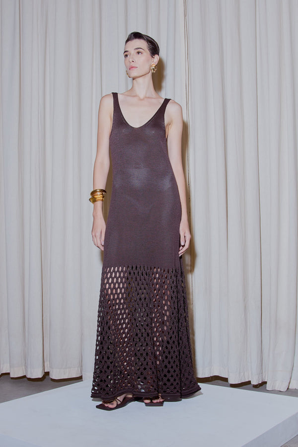 Vestido Longo Maxi Furos Em Tricot Avelã