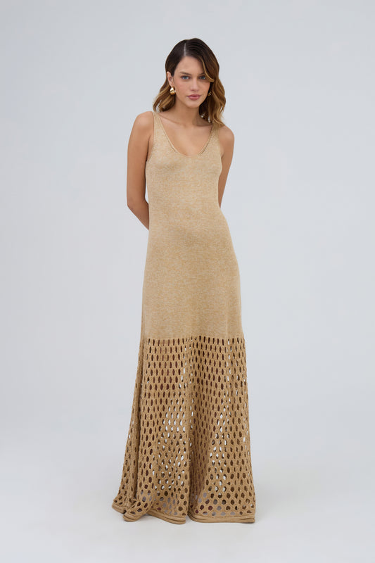 Vestido Longo Maxi Furos Em Tricot Areia