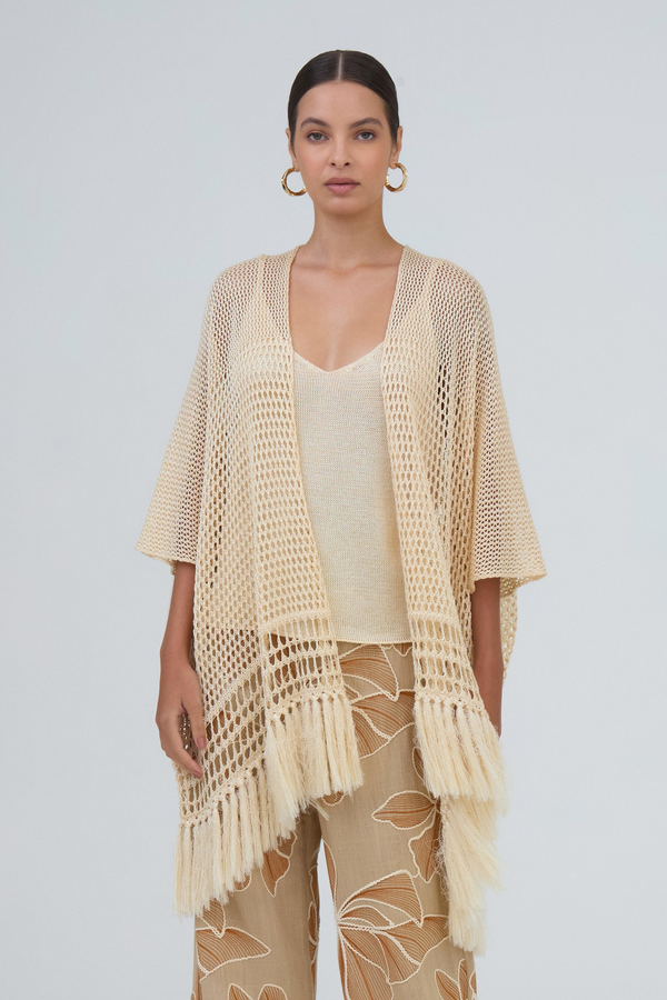 Kimono Com Lurex Detalhe  Franjas  Em Tricot Ninive